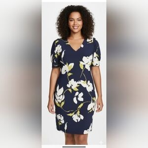 Harper Rose Short Sleeve V-Neck Shift Mini Navy Floral Size 14 Dress EUC